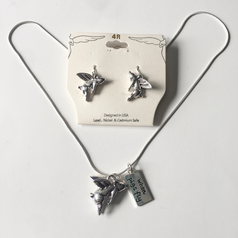 Silver When Pigs Fly Necklace and Earring Set